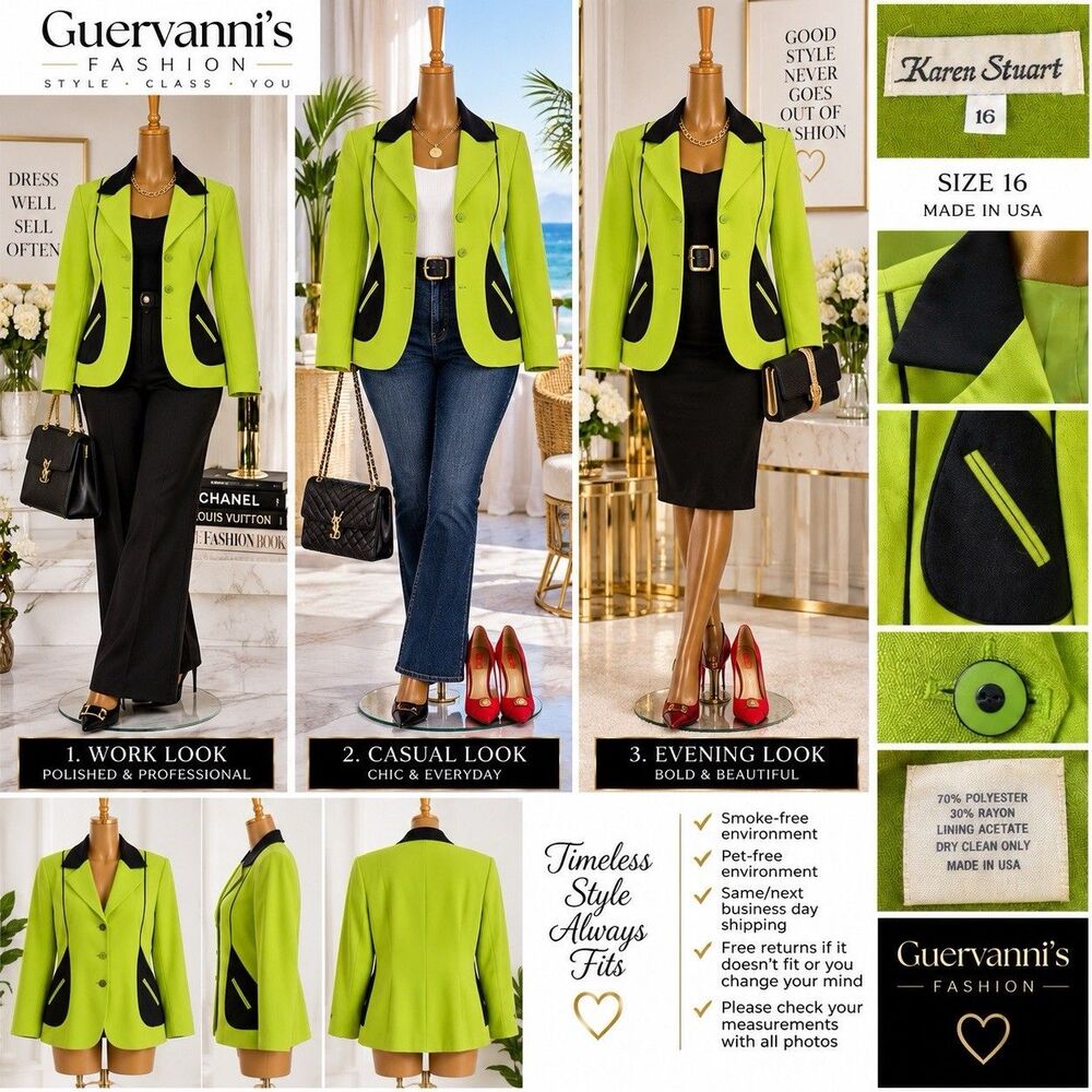 Karen Stuart Blazer Jacket Size 16 Lime Green Black Colorblock Blazer Jacket VTG